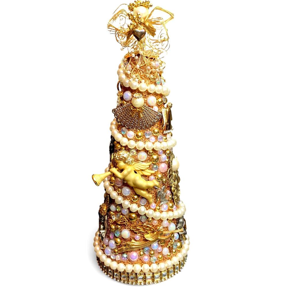 Celestial Benediction OOAK Vintage Jewelry Tree Sculpture Angel Pearl Gold